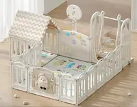 Gardulet loc de joaca Nichiduta Garden Happy House Beige interiorexterior 150X180cm cu margini rotunjite, poarta de siguranta, leagan, casuta si cos de baschet