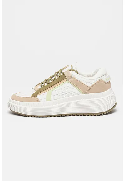 Pantofi sport cu detalii de piele intoarsa - Alb/Kaki/Maro nisip