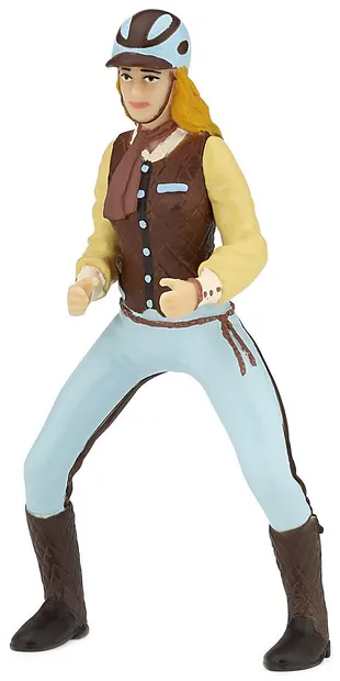 Figurina Papo Horses, foals and ponies – Jocheu, cu casca albastra si geaca maro