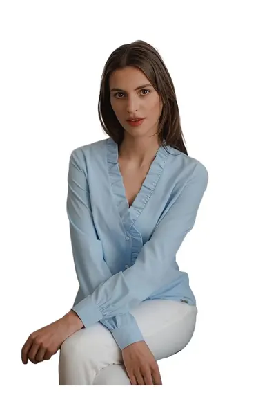 Camasa dama - albastra - cu decolteu dulce - volan - maneci lungi - poliester.