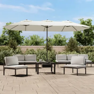 vidaXL Umbrelă de grădină cu două capete/LED, alb nisipiu, 449x265 cm