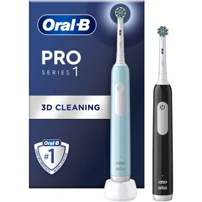 Set 2x Periuta de dinti electrica Oral-B Pro 1, Curatare 3D, 3 programe, 1 capat de periaj, Negru Albastru
