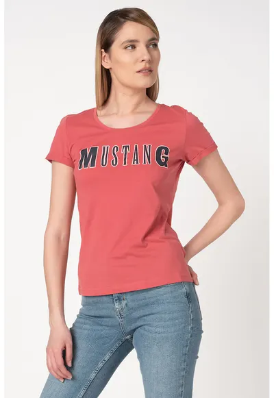 Tricou cu decolteu rotund si logo - Roz prafuit