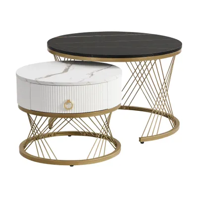 Set de 2 Măsuțe de Cafea Moderne Modulare din Marmură Sintetică cu Detalii Aurii și Sertare, Dimensiuni 70x70x45 cm și 50x50x40 cm, Negru