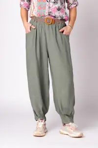 Pantaloni kaki, masura mare, cu curea, din vascoza