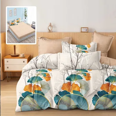 Lenjerie de pat din finet cu 6 piese, cearceaf pat cu elastic, cearceaf pilota 200 x 230 cm, 2 fete perna 50 x 70 cm si 2 fete perna 70 x 70 cm crem - turcoaz
