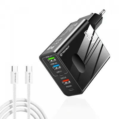Incarcator Retea Cu Cablu USB-C Techsuit CHC1 PentaXPower, 25W, 3A, 3 x USB-A - 2 x USB-C, Negru