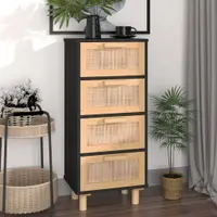 Gossi servanta, negru, 40x30x90 cm, lemn masiv pin si ratan natural