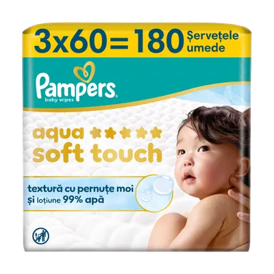 Servetele umede cu 99% apa si lotiune usoara Aqua Soft Touch, 180 bucati, Pampers