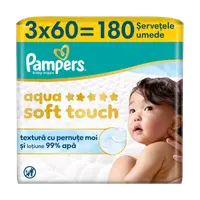 Servetele umede cu 99% apa si lotiune usoara Aqua Soft Touch, 180 bucati, Pampers