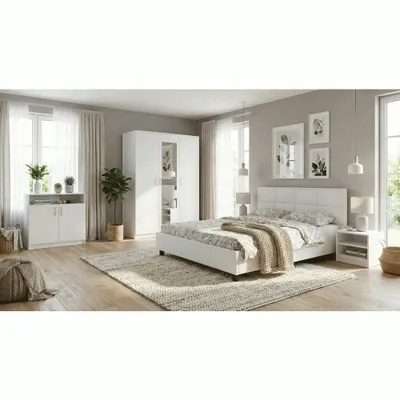 Dormitor Soft Alb cu pat tapitat alb pentru saltea 120x200 cm