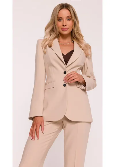 Jacheta S417 Bej polyester - jacheta clasica cu un singur rand de nasturi - guler clasic cu revere finisate manual - captusita complet - lungime sub sold - maneci lungi inguste - Bej