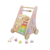 Antepremergator cu multiactivitati pentru copii pink, realizat din lemn, cu xilofon muzical, labirint si forme de potrivit