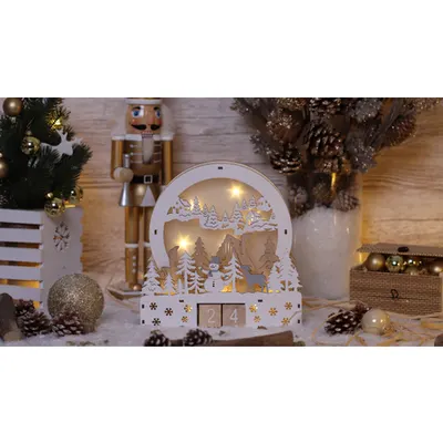 Calendar LED Craciun cu cuburi, peisaj, din lemn, cu baterii Timer 6+18h,8LED, 3000K, 2xAAA