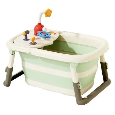 Cadita 3 in 1 pentru copii Little Mom AquaPlay Green pliabila, echipata cu masuta de joaca detasabila, dus functional si dop evacuare apa, picioruse reglabile in inaltime, dimensiune 78.5 x 51.5 x 38 cm