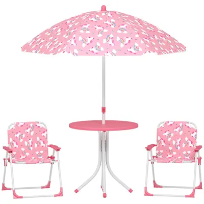 AIYAPLAY Masă de Picnic pentru Copii, Set Masă și Scaune cu 2 Scaune Pliabile și Umbrelă Detasabilă, Temă Junglă, Mobilier de Exterior pentru Grădină, Patio, Roz | Aosom Romania