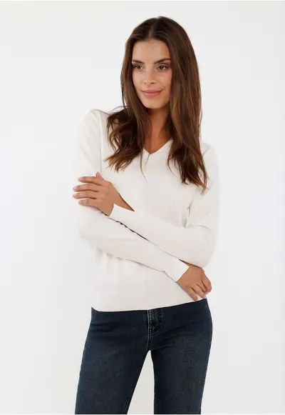Pulover dama cu decolteu in V - S-Neli - Slim Fit - crem - Alb crem