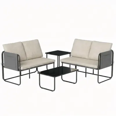 Outsunny Set Mobilier Grădină Exterior 4 Piese cu 2 Canapele 2 Locuri 2 Mese din Sticlă Perne Huse Detașabile și Buzunare Kaki | Aosom Romania