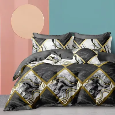 Lenjerie pat dublu cu Elastic, bumbac satinat, Gri, abstract elegant