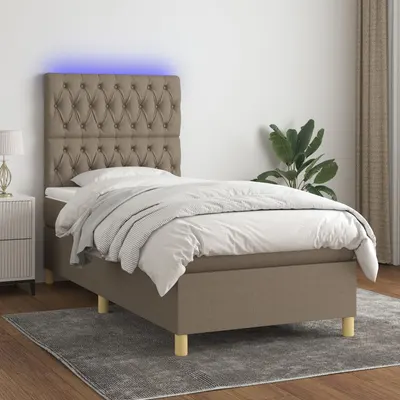 vidaXL Pat cu arcuri, saltea și LED, gri taupe, 90x190 cm, textil