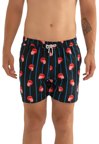 Pantaloni scurti de baie cu model si snur - Negru/Albastru royal/Rosu stins/Rosu vermillion