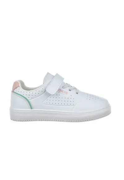 Pantofi sport de piele ecologica cu bareta velcro - Alb/Roz somon