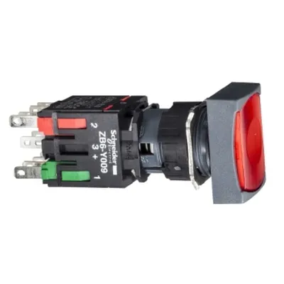 Buton Iluminat Rosu Ø 16, dreptunghiular, Blocare Incastrata, 12, 24 V -1No+1Nc