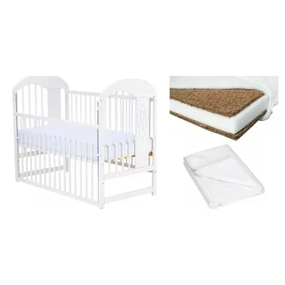 Set Patut din lemn bebe Qmini, Julia II cu laterala culisanta, 120x60 cm, Alb + Saltea patut bebe, Cocos Confort II, Cu fibre de cocos si strat de burete, 120x60x10 cm + Protectie impermeabila, Pentru patuturi 120x60 cm, Alb