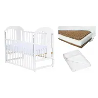 Set Patut din lemn bebe Qmini, Julia II cu laterala culisanta, 120x60 cm, Alb + Saltea patut bebe, Cocos Confort II, Cu fibre de cocos si strat de burete, 120x60x10 cm + Protectie impermeabila, Pentru patuturi 120x60 cm, Alb