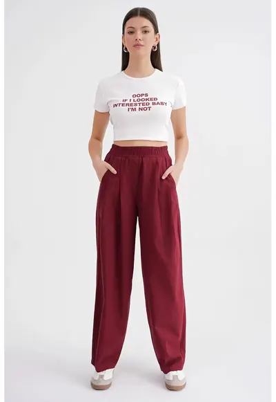 Pantaloni dama - Straight Fit - rosu burgundy - textil