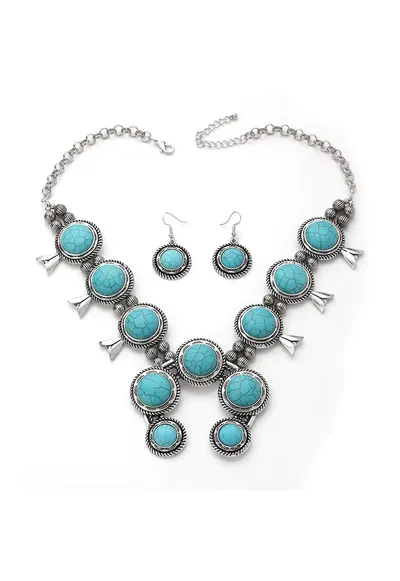 Set colier si cercei - argintiu - masiv - cu pietre turquoise - Hilvor C1