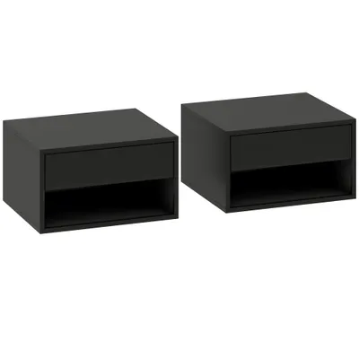 HOMCOM Set de 2 noptieri montate pe perete, sertar, compartiment deschis, blat, 37 x 32 x 21 cm, negru | Aosom Romania