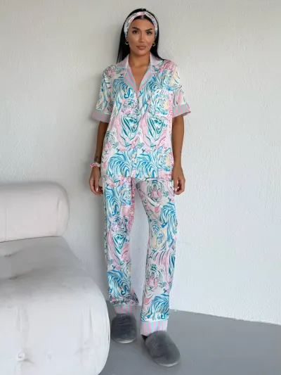Set pijama dama din doua piese, cu nasturi – 2500382, Mint Tiger Vibe
