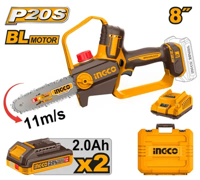 Fierastrau Electric de Mana 20V 20cm (8") Brushless INGCO CGSLI20882E, viteza lant 11 m/s, ungere automata, 2 acumulatori 2Ah + incarcator + cutie transport