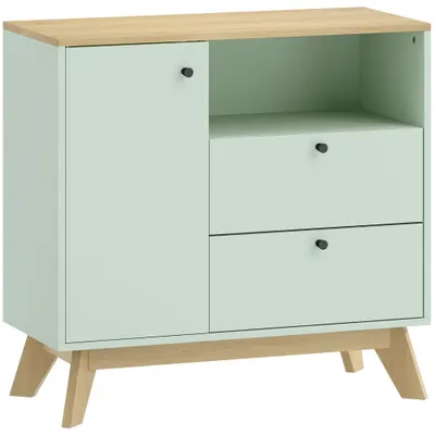 HOMCOM Bufet pentru living, mobilier de depozitare cu ușă, 2 sertare, compartiment deschis și raft reglabil, verde deschis și stejar | Aosom Romania