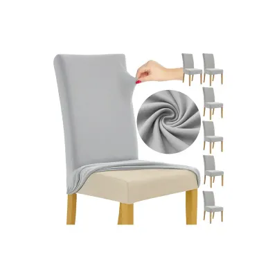 Set 6 huse scaun, catifea gri, fixare cu benzi elastice, lavabile la masina, 65x40x35 cm