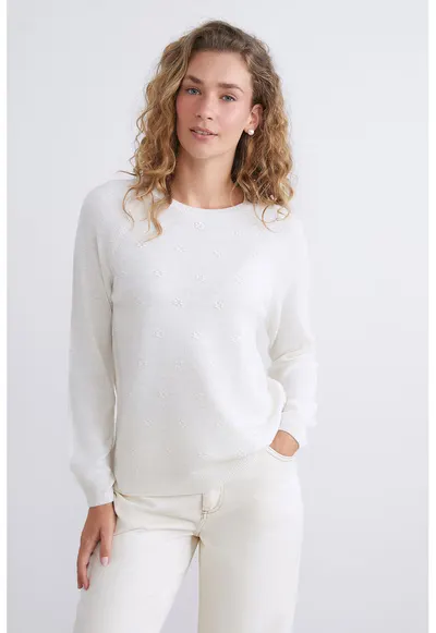 Pulover cu broderie florala si maneci raglan - Alb fildes