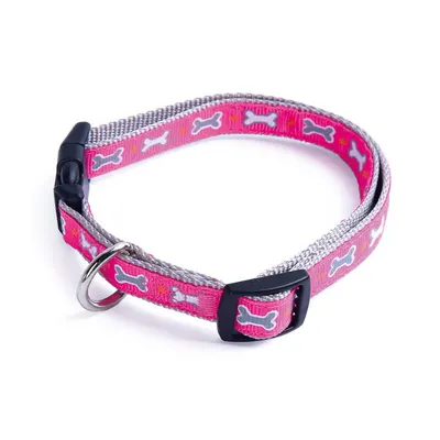 Zgarda reglabila din nylon, roz, cu decor os, 35-50 cm x 1.9 cm