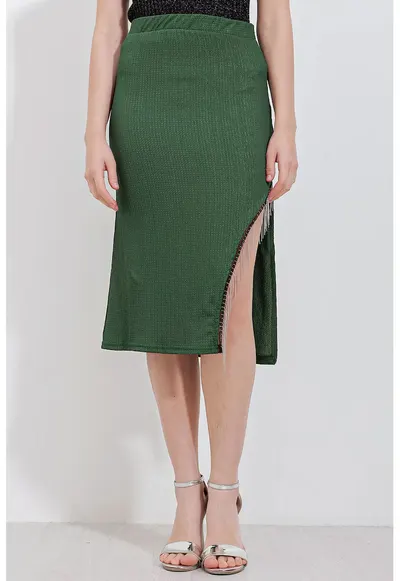 Fusta midi HiCCUP texturata - verde - poliester si lycra