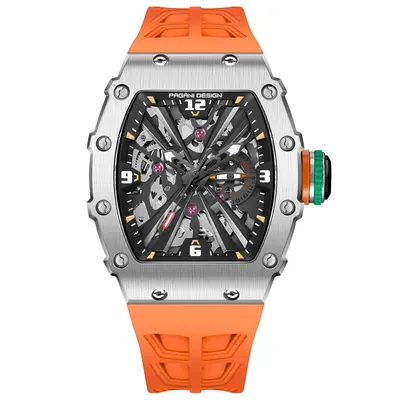 Ceas bărbătesc PAGANI DESIGN PD-1738 - skeleton quartz VH65, safir, curea silicon portocalie, design sport premium 42mm