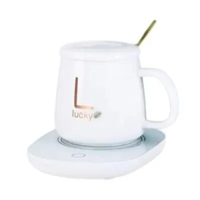 Set cadou Cana ceramica cu incalzitor, lingurita, temperatura constanta 55 grade, 220V, 400 ml