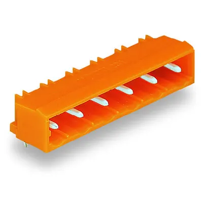 THT male header; 1.2 x 1.2 mm solder pin; angled; Pin spacing 7.62 mm; 5-pole; orange