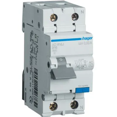 Disjunctor diferential 1P+N 16A/30mA curba B tip AC 4.5kA Hager AD816J