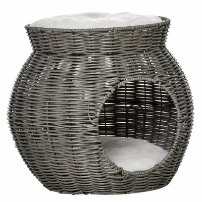 PawHut Coș pentru Pisici din Rattan PE cu 2 Niveluri, Zonă de Zgâriat și Cușcă, Perne de Plus Lavabile, Diametru Φ50x43.5cm, Gri Închis | Aosom Romania