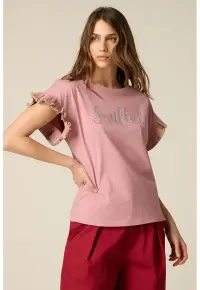 Tricou cu mansete cu volane - Roz prafuit/Argintiu