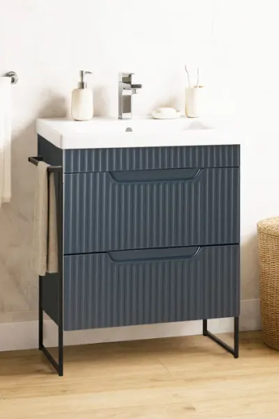 Set Baza front MDF si Lavoar seria 733, cadru metalic, cu sertare, montata, 60 cm, antracit