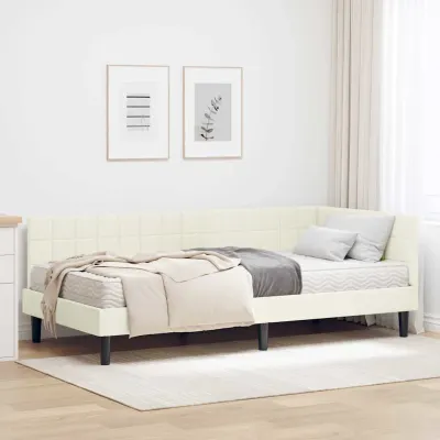 vidaXL Cadru de pat colțar cu saltea Manual Crem 90 x 190 cm Catifea