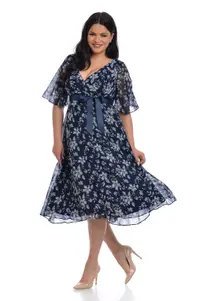 Rochie voal DV22R36 bleumarin/alb floral, Dress to Impress | marimea 34