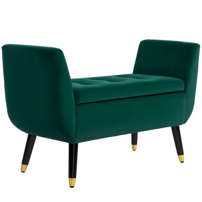 HOMCOM Polsterbank mit Stauraum, Armlehnen, Material textil din poliester de tip catifelat, Lemn de cauciuc, 107 x 42 x 65 cm, Verde | Aosom Romania