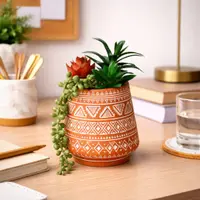 Plantă artificială mix de Suculente 15 cm, în ghiveci ceramic teracotă cu model etnic